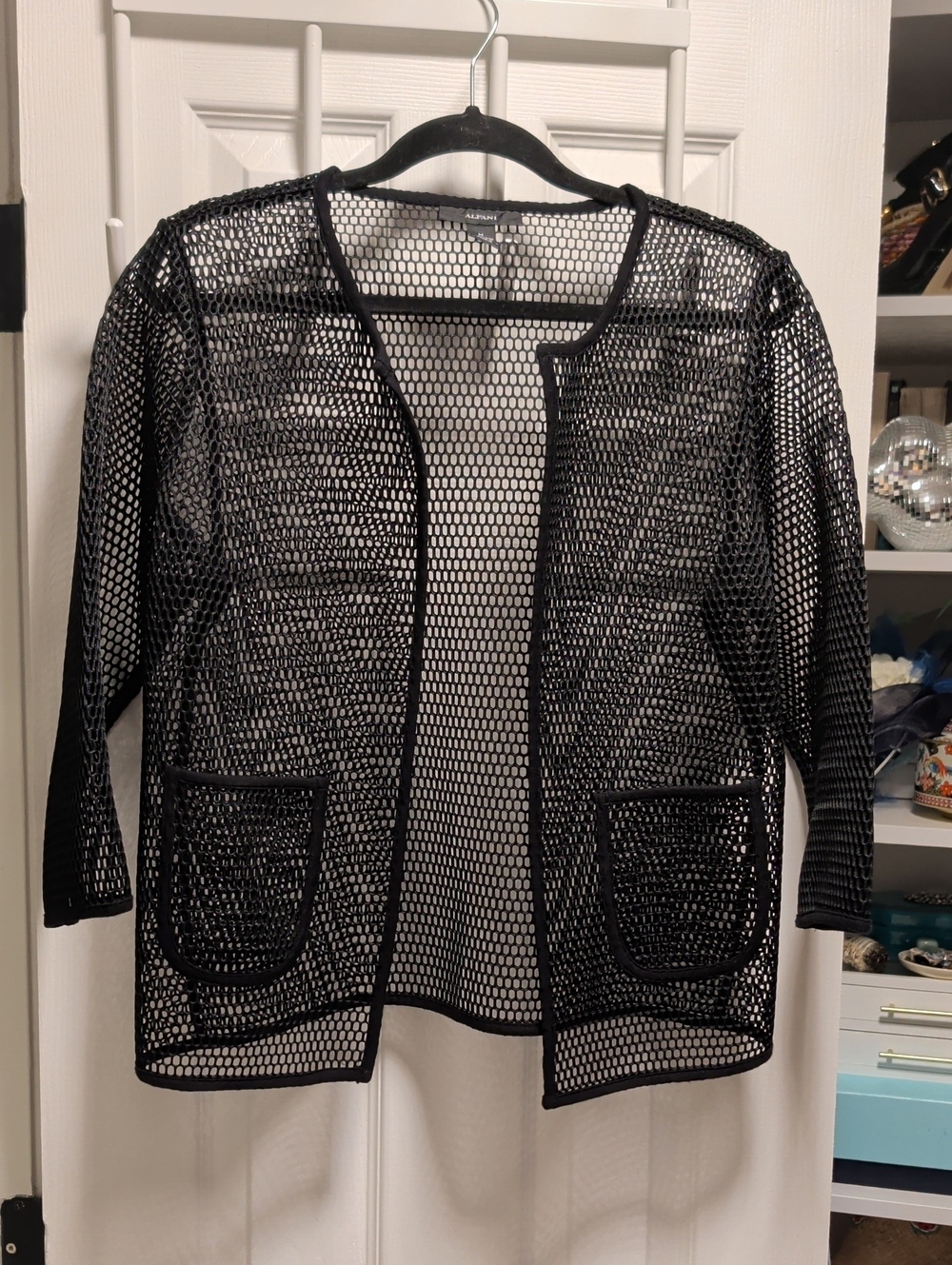 Alfani Black Open-Weave Mesh Cardigan with Patch Pockets